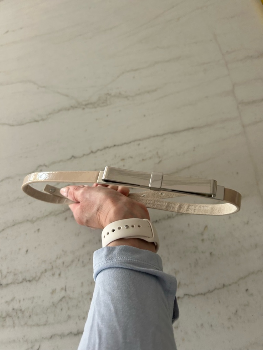 WHBM Patent Nude Beige Belt with Silver Rectangular Bow Buckle Size Small